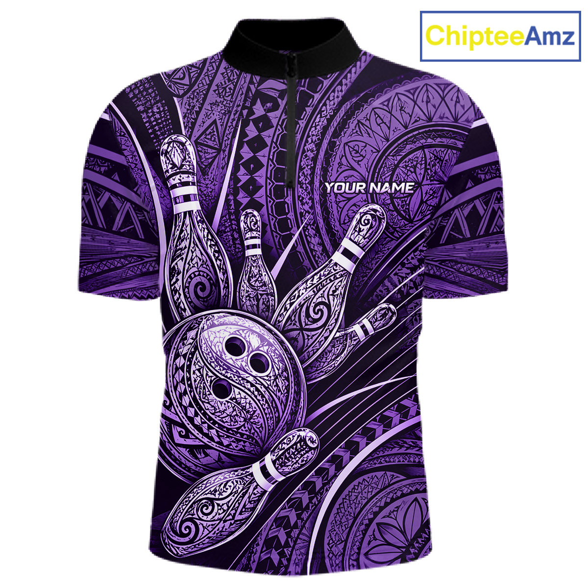 Front and back view personalized bowling quarter zip shirt with bowling balls and pins arranged within purple polynesian tribal patterned artwork across a dark layout.