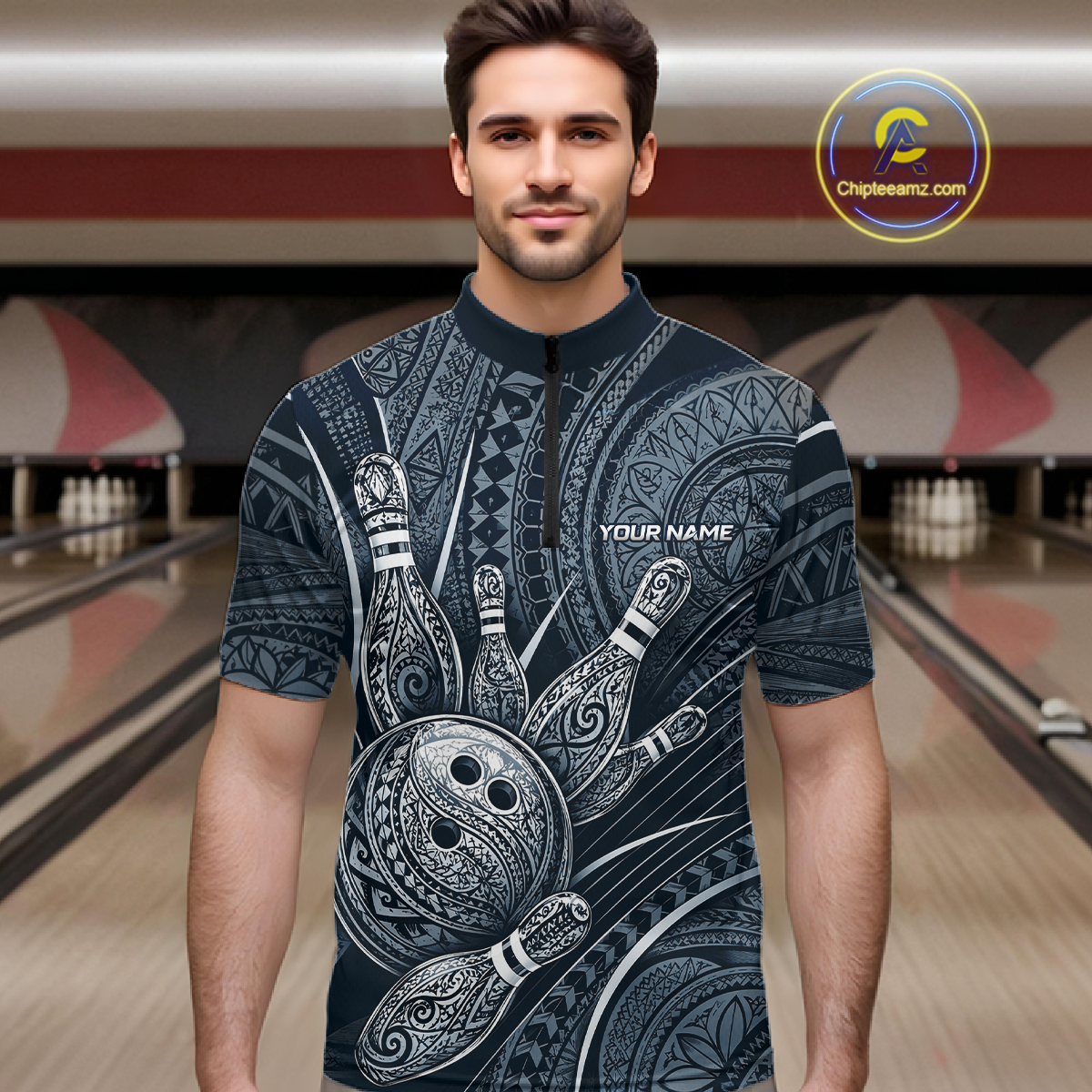 Men wearing personalized bowling quarter zip shirt with bowling balls and pins arranged within navy blue polynesian tribal patterned artwork across a dark layout.