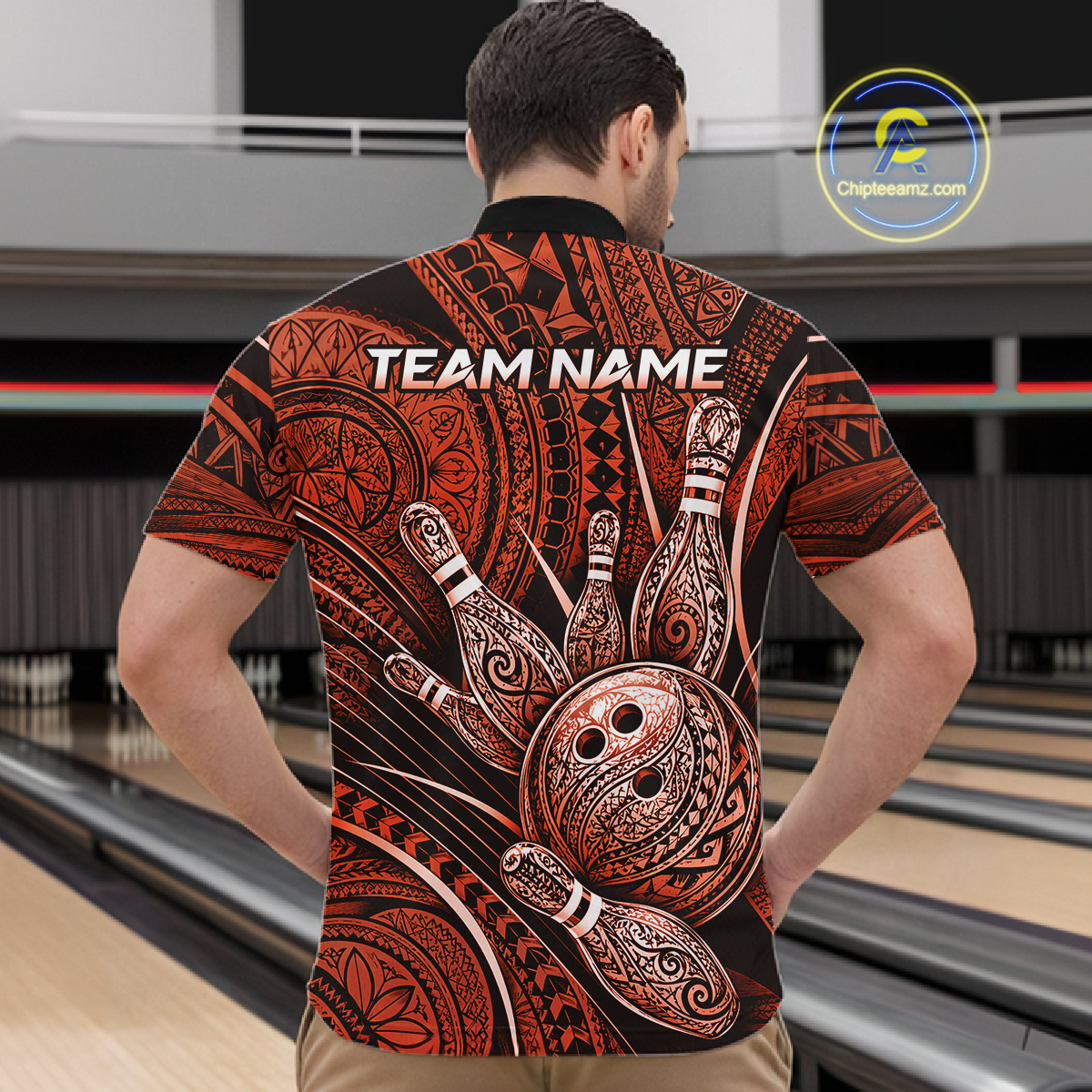 Men wearing personalized bowling quarter zip shirt with bowling balls and pins arranged within orange polynesian tribal patterned artwork across a dark layout.