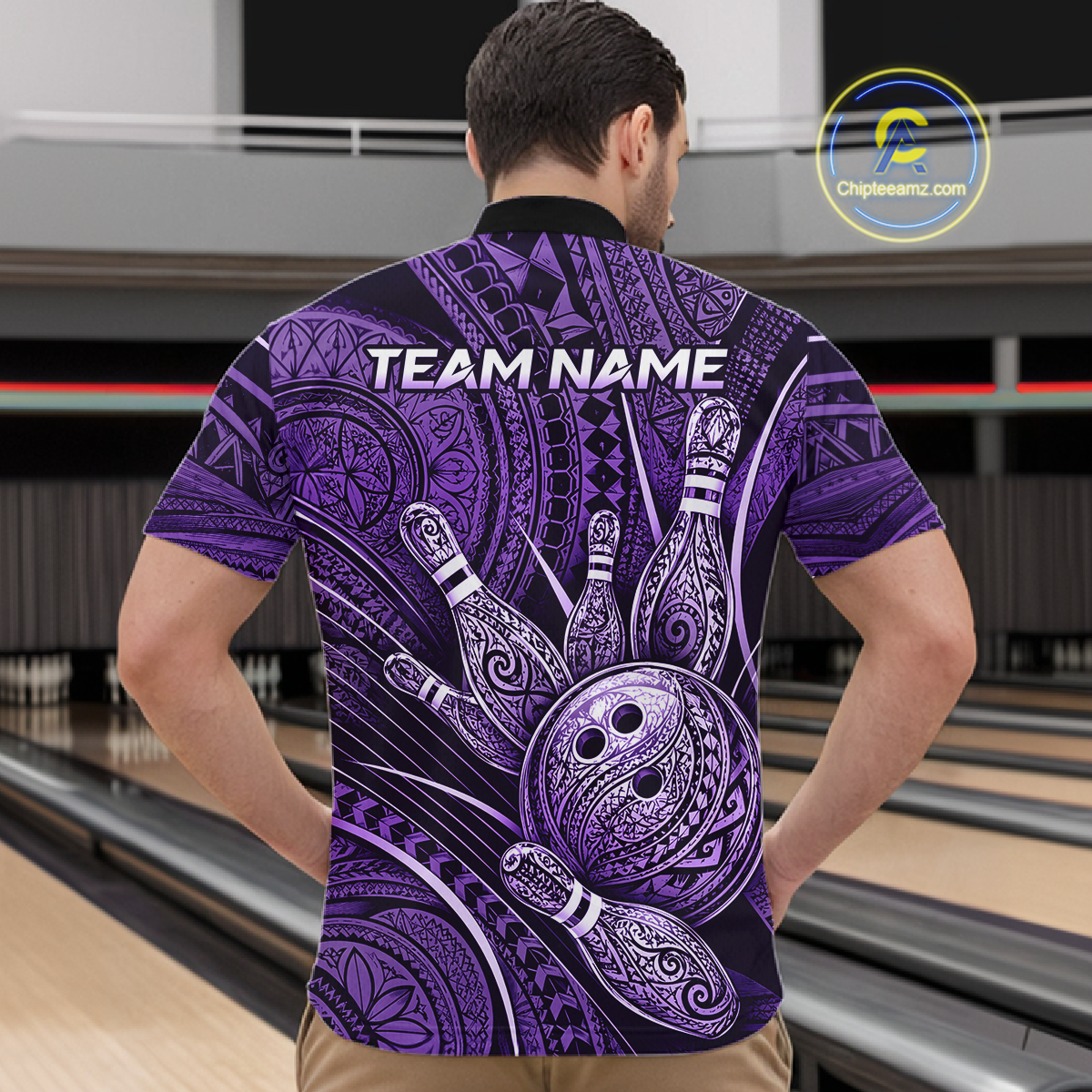 Men wearing personalized bowling quarter zip shirt with bowling balls and pins arranged within purple polynesian tribal patterned artwork across a dark layout.