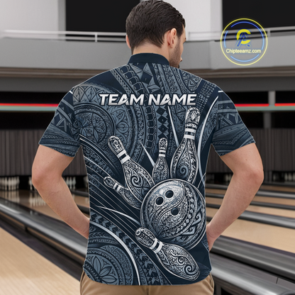 Men wearing personalized bowling quarter zip shirt with bowling balls and pins arranged within navy blue polynesian tribal patterned artwork across a dark layout.