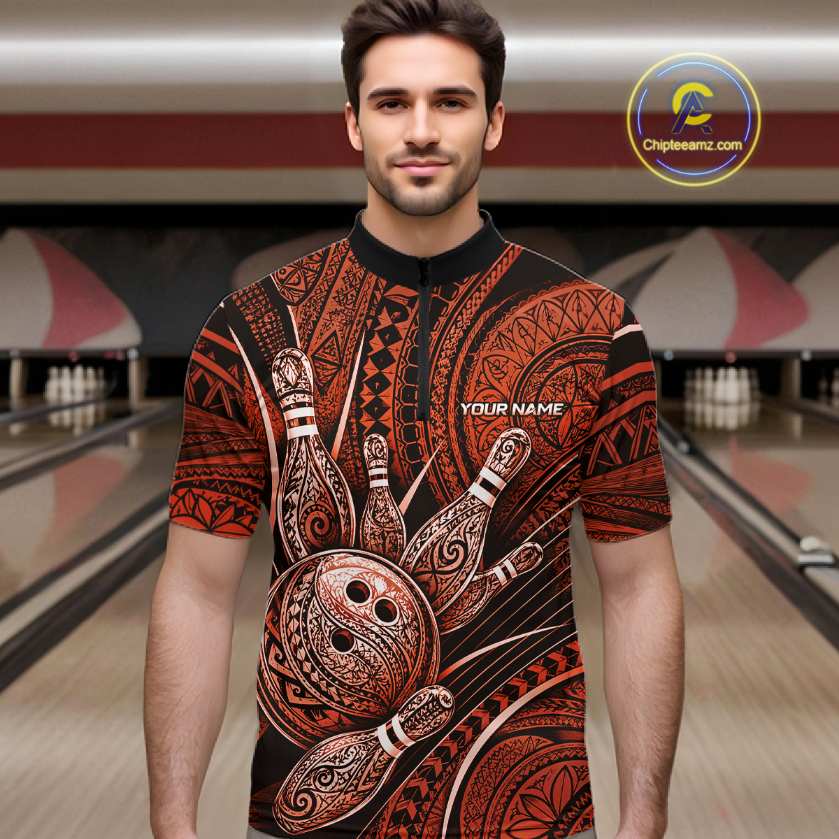 Men wearing personalized bowling quarter zip shirt with bowling balls and pins arranged within orange polynesian tribal patterned artwork across a dark layout.