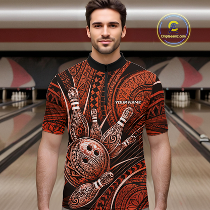 Men wearing personalized bowling quarter zip shirt with bowling balls and pins arranged within orange polynesian tribal patterned artwork across a dark layout.