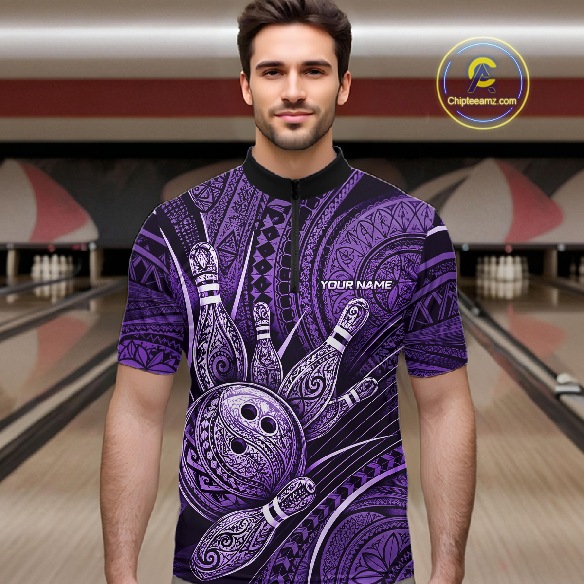 Men wearing personalized bowling quarter zip shirt with bowling balls and pins arranged within purple polynesian tribal patterned artwork across a dark layout.