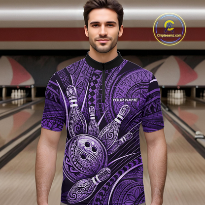 Men wearing personalized bowling quarter zip shirt with bowling balls and pins arranged within purple polynesian tribal patterned artwork across a dark layout.