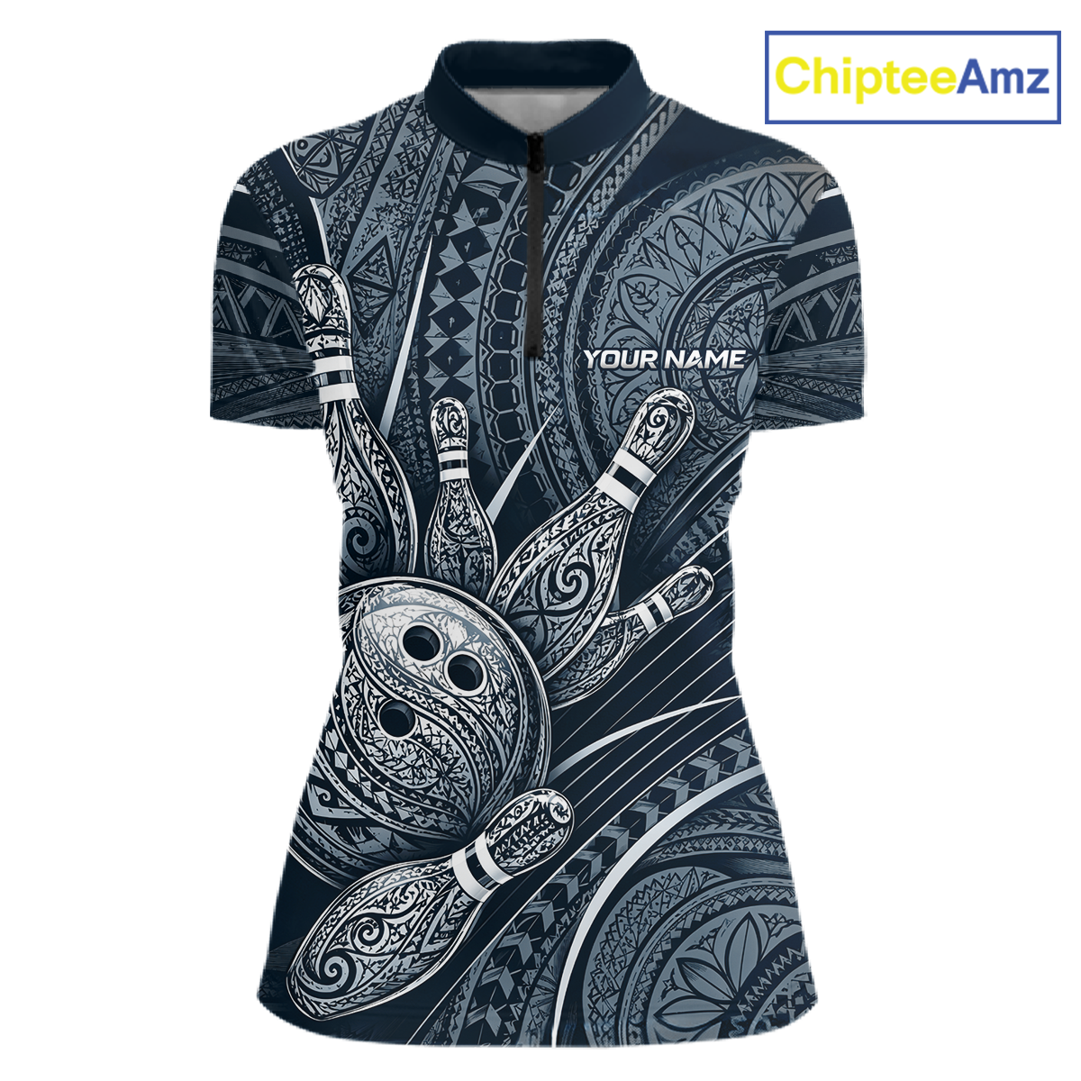 Front view personalized bowling quarter zip shirt with bowling balls and pins arranged within polynesian tribal patterned artwork across a navy blue layout.