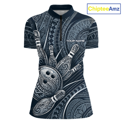 Front view personalized bowling quarter zip shirt with bowling balls and pins arranged within polynesian tribal patterned artwork across a navy blue layout.
