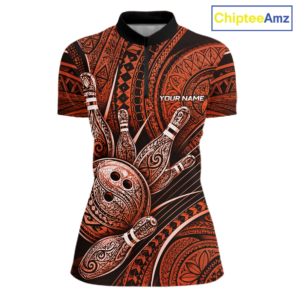 Front view personalized bowling quarter zip shirt with bowling balls and pins arranged within orange polynesian tribal patterned artwork across a dark layout.