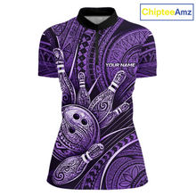 Load image into Gallery viewer, Front view personalized bowling quarter zip shirt with bowling balls and pins arranged within polynesian tribal patterned artwork across a purple layout.