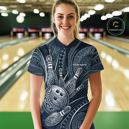 Women wearing personalized bowling quarter zip shirt with bowling balls and pins arranged within polynesian tribal patterned artwork across a navy blue layout.