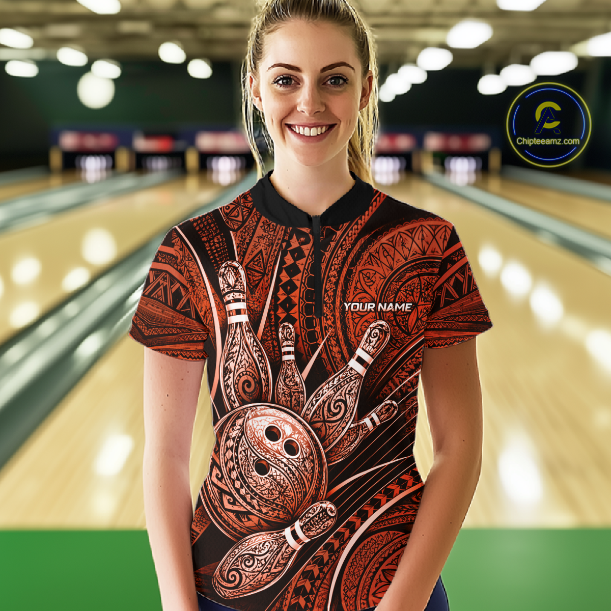 Women wearing personalized bowling quarter zip shirt with bowling balls and pins arranged within orange polynesian tribal patterned artwork across a dark layout.