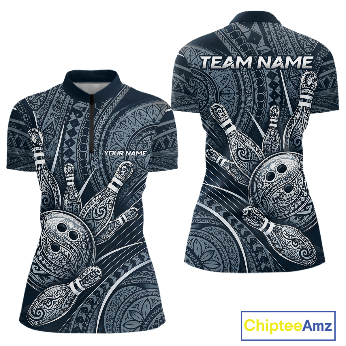 Front and back view personalized bowling quarter zip shirt with bowling balls and pins arranged within polynesian tribal patterned artwork across a navy blue layout.