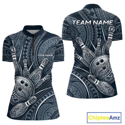 Front and back view personalized bowling quarter zip shirt with bowling balls and pins arranged within polynesian tribal patterned artwork across a navy blue layout.
