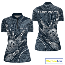 Load image into Gallery viewer, Front and back view personalized bowling quarter zip shirt with bowling balls and pins arranged within polynesian tribal patterned artwork across a navy blue layout.