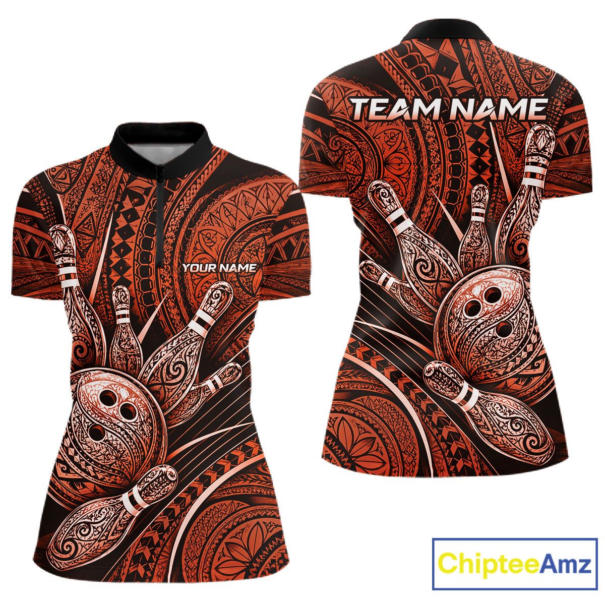 Front and back view personalized bowling quarter zip shirt with bowling balls and pins arranged within orange polynesian tribal patterned artwork across a dark layout.
