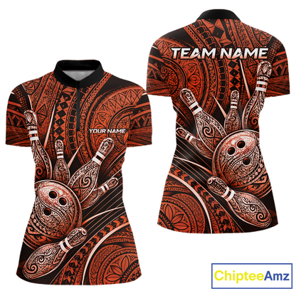 Front and back view personalized bowling quarter zip shirt with bowling balls and pins arranged within orange polynesian tribal patterned artwork across a dark layout.