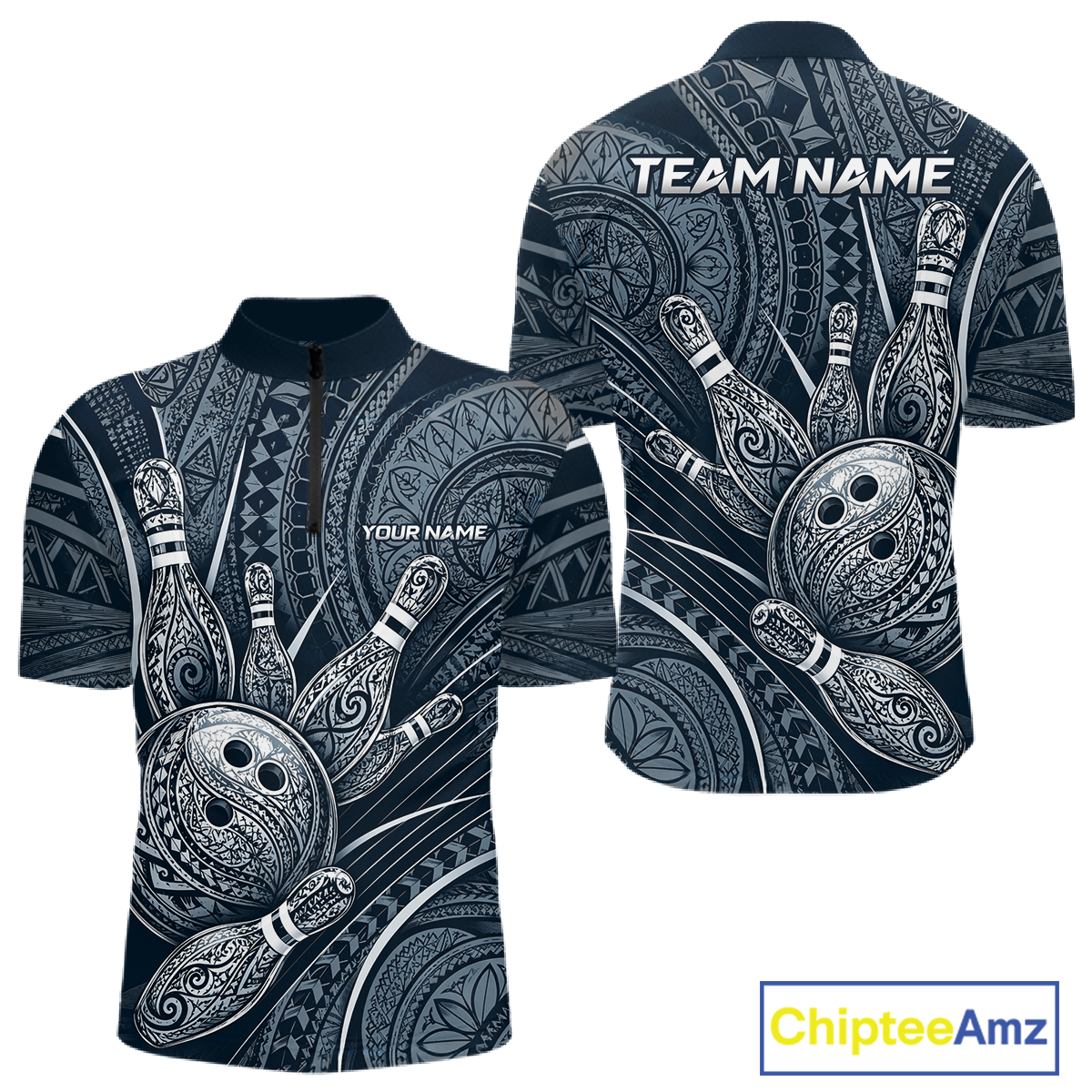 Front and back view personalized bowling quarter zip shirt with bowling balls and pins arranged within navy blue polynesian tribal patterned artwork across a dark layout.