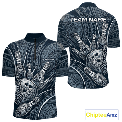 Front and back view personalized bowling quarter zip shirt with bowling balls and pins arranged within navy blue polynesian tribal patterned artwork across a dark layout.