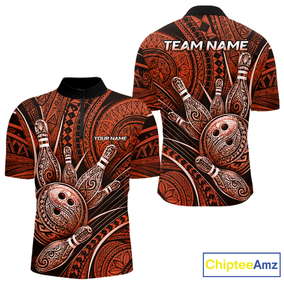 Front and back view personalized bowling quarter zip shirt with bowling balls and pins arranged within orange polynesian tribal patterned artwork across a dark layout.