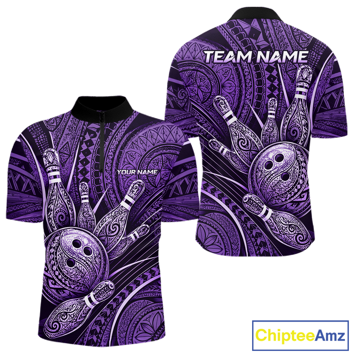 Front and back views of a short-sleeve polo shirt featuring a purple and black tribal Polynesian-inspired bowling pin and bowling ball graphic print. The shirt includes customizable text placeholders 'YOUR NAME' on the front chest and 'TEAM NAME' on the back collar.