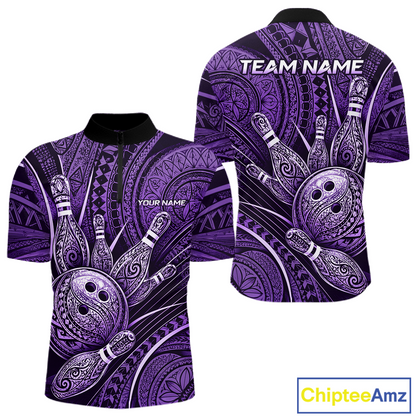 Front and back views of a short-sleeve polo shirt featuring a purple and black tribal Polynesian-inspired bowling pin and bowling ball graphic print. The shirt includes customizable text placeholders 'YOUR NAME' on the front chest and 'TEAM NAME' on the back collar.