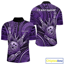 Load image into Gallery viewer, Front and back views of a short-sleeve polo shirt featuring a purple and black tribal Polynesian-inspired bowling pin and bowling ball graphic print. The shirt includes customizable text placeholders 'YOUR NAME' on the front chest and 'TEAM NAME' on the back collar.