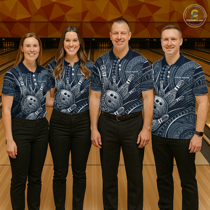 Four people wearing personalized bowling quarter zip shirt with bowling balls and pins arranged within polynesian tribal patterned artwork across a navy blue layout.