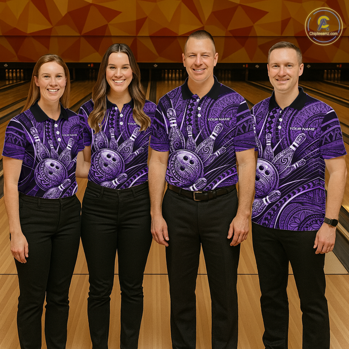 Four people wearing personalized bowling polo shirt with bowling balls and pins arranged within purple polynesian tribal patterned artwork across a dark layout.