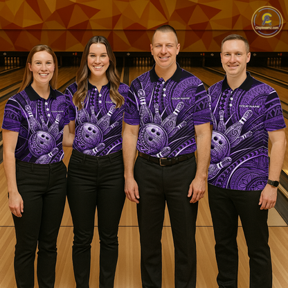 Four people wearing personalized bowling polo shirt with bowling balls and pins arranged within purple polynesian tribal patterned artwork across a dark layout.