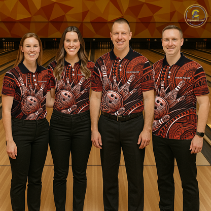 Four people wearing personalized bowling polo shirt with bowling balls and pins arranged within orange polynesian tribal patterned artwork across a dark layout.
