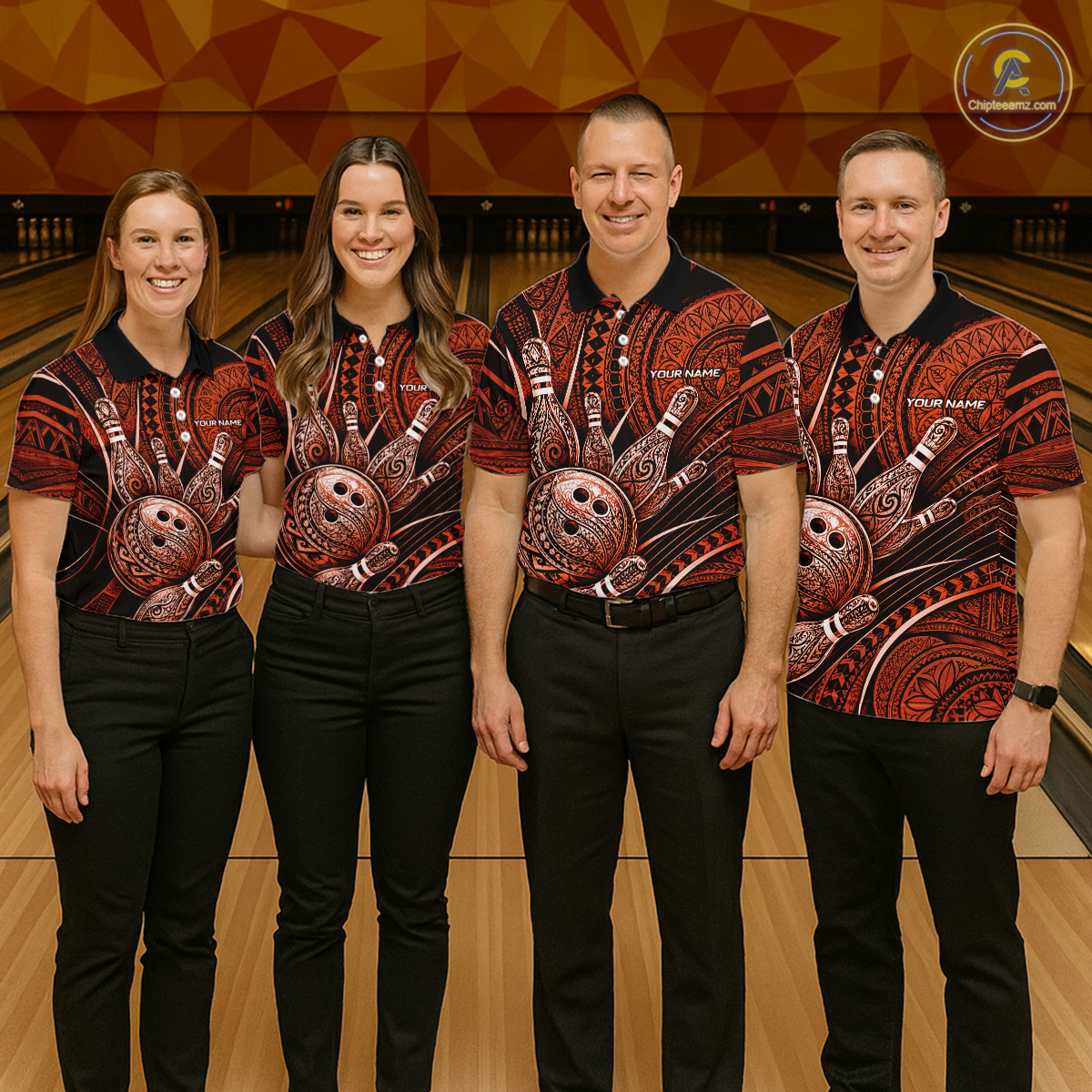 Four people wearing personalized bowling polo shirt with bowling balls and pins arranged within orange polynesian tribal patterned artwork across a dark layout.