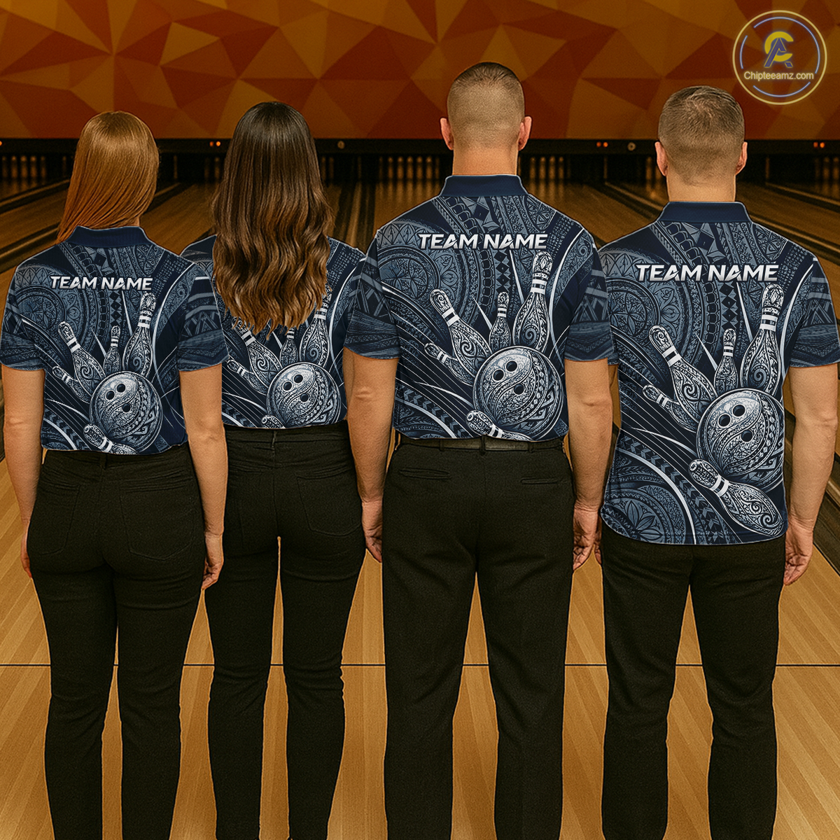 Four people wearing personalized bowling polo shirt with bowling balls and pins arranged within polynesian tribal patterned artwork across a navy blue layout.