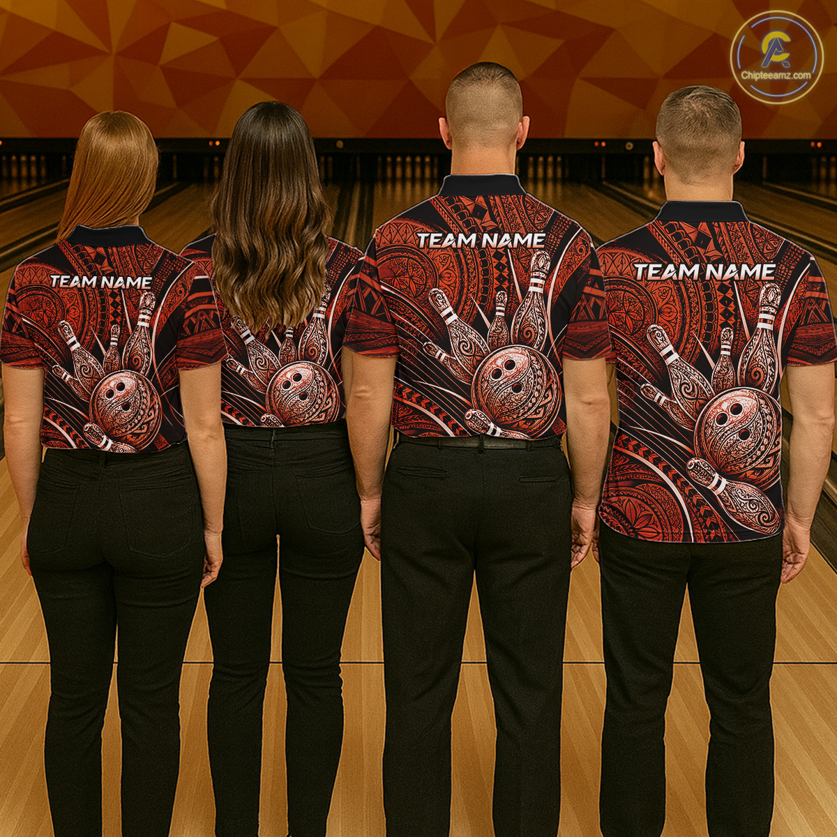 Four people wearing personalized bowling polo shirt with bowling balls and pins arranged within orange polynesian tribal patterned artwork across a dark layout.