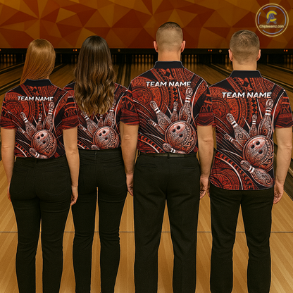 Four people wearing personalized bowling polo shirt with bowling balls and pins arranged within orange polynesian tribal patterned artwork across a dark layout.