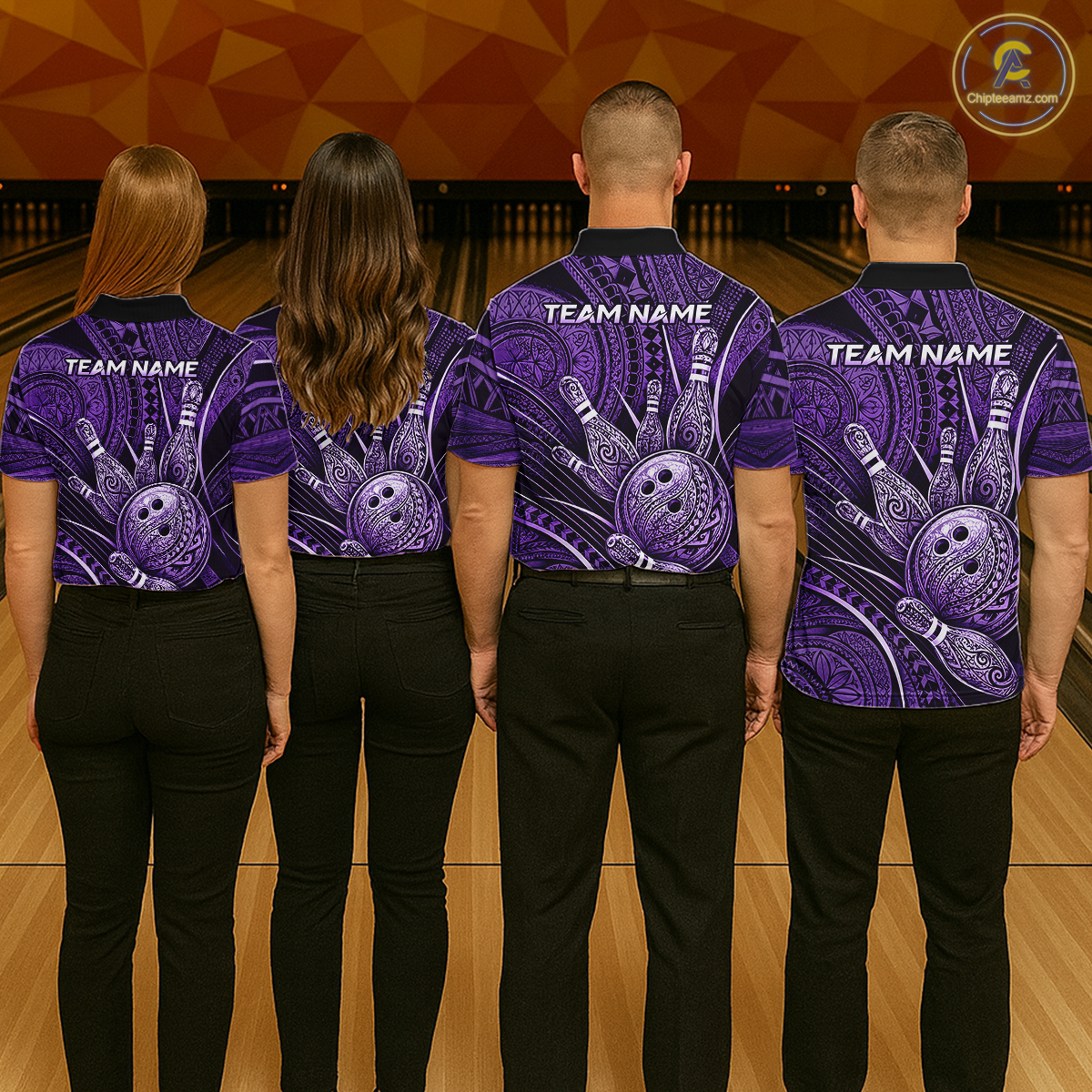 Four people wearing personalized bowling polo shirt with bowling balls and pins arranged within purple polynesian tribal patterned artwork across a dark layout.