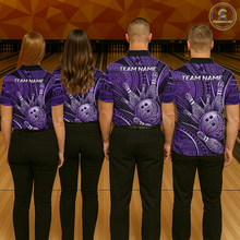 Load image into Gallery viewer, Four people wearing personalized bowling polo shirt with bowling balls and pins arranged within purple polynesian tribal patterned artwork across a dark layout.