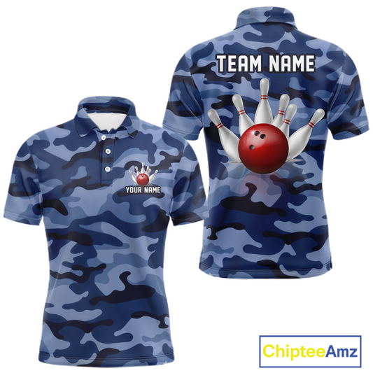 Custom Blue Camo Bowling Jersey for Men Bowling Team Shirts Bowling Uniform Polo & 1/4 Zip HNT167