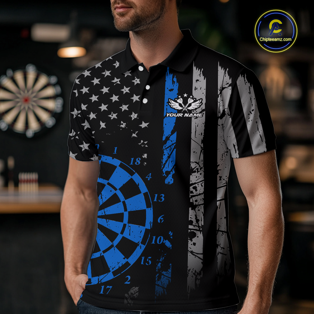 Custom Blue US Flag Darts Shirt for Men Darts Team Jerseys Dart Tournament Polo & 1/4 Zip NNT116