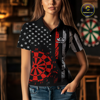 Custom Red US Flag Darts Shirt for Women Darts Team Jerseys Dart Tournament Polo & 1/4 Zip NNT116