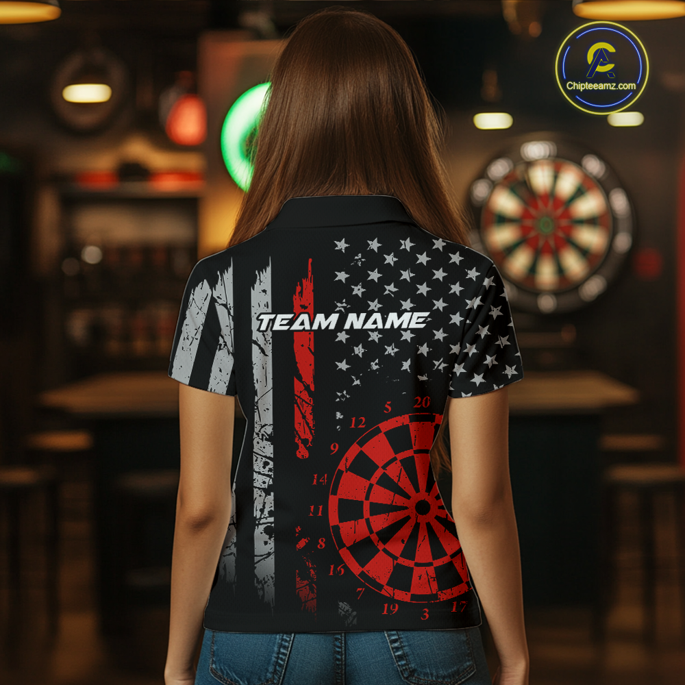 Custom Red US Flag Darts Shirt for Women Darts Team Jerseys Dart Tournament Polo & 1/4 Zip NNT116