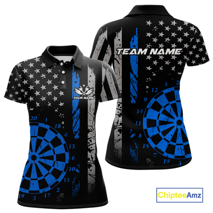 Custom Blue US Flag Darts Shirt for Women Darts Team Jerseys Dart Tournament Polo & 1/4 Zip NNT116