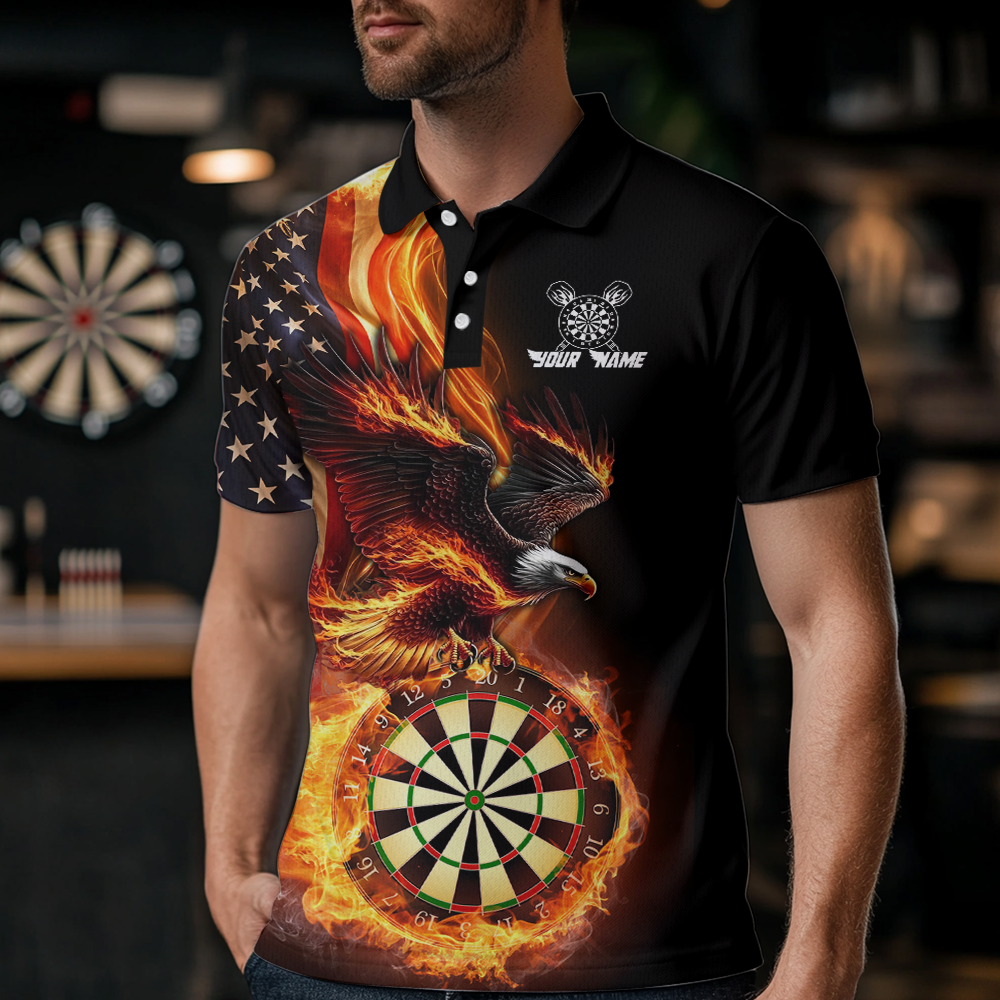 Custom Flame US Flag Eagle Darts Shirt for Men Darts Team Jerseys Dart Tournament Polo & 1/4 Zip NNT112