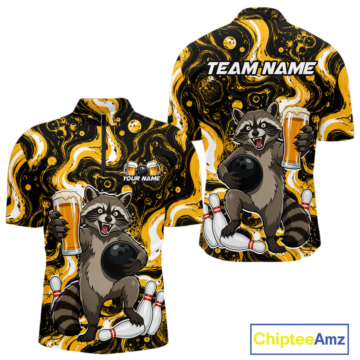 Custom Beer Raccoon Bowling Shirt for Men Bowling Polo & 1/4 Zip Bowling Team Shirts HNT311