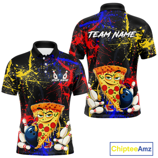 Front and back views of a black bowling polo featuring colorful red, yellow, and blue paint splatter graphics, a cartoon pizza slice mascot, bowling pins, and custom team text.