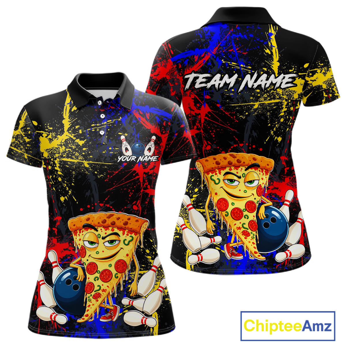 Front and back views of a black bowling polo featuring colorful red, yellow, and blue paint splatter graphics, a cartoon pizza slice mascot, bowling pins, and custom team text.