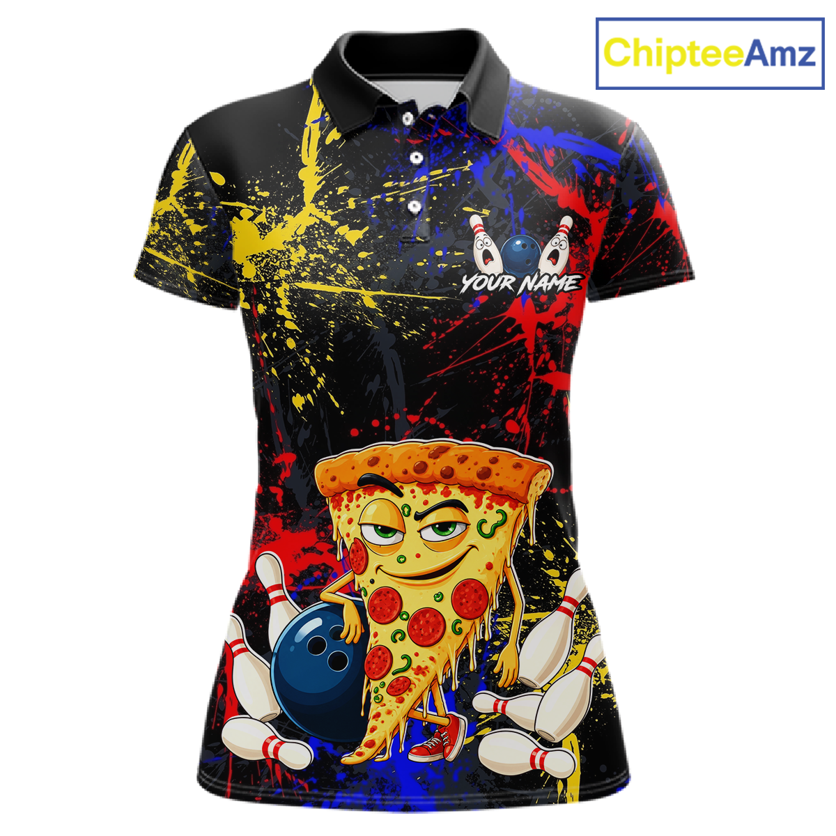 Front views of a black bowling polo featuring colorful red, yellow, and blue paint splatter graphics, a cartoon pizza slice mascot, bowling pins, and custom your name text.