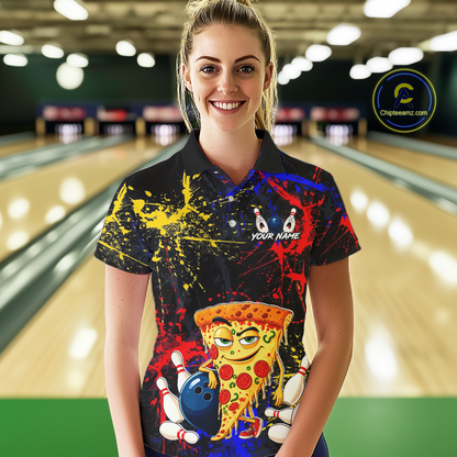Woman wearing a black bowling polo featuring colorful red, yellow, and blue paint splatter graphics, a cartoon pizza slice mascot, bowling pins, and custom your name text.
