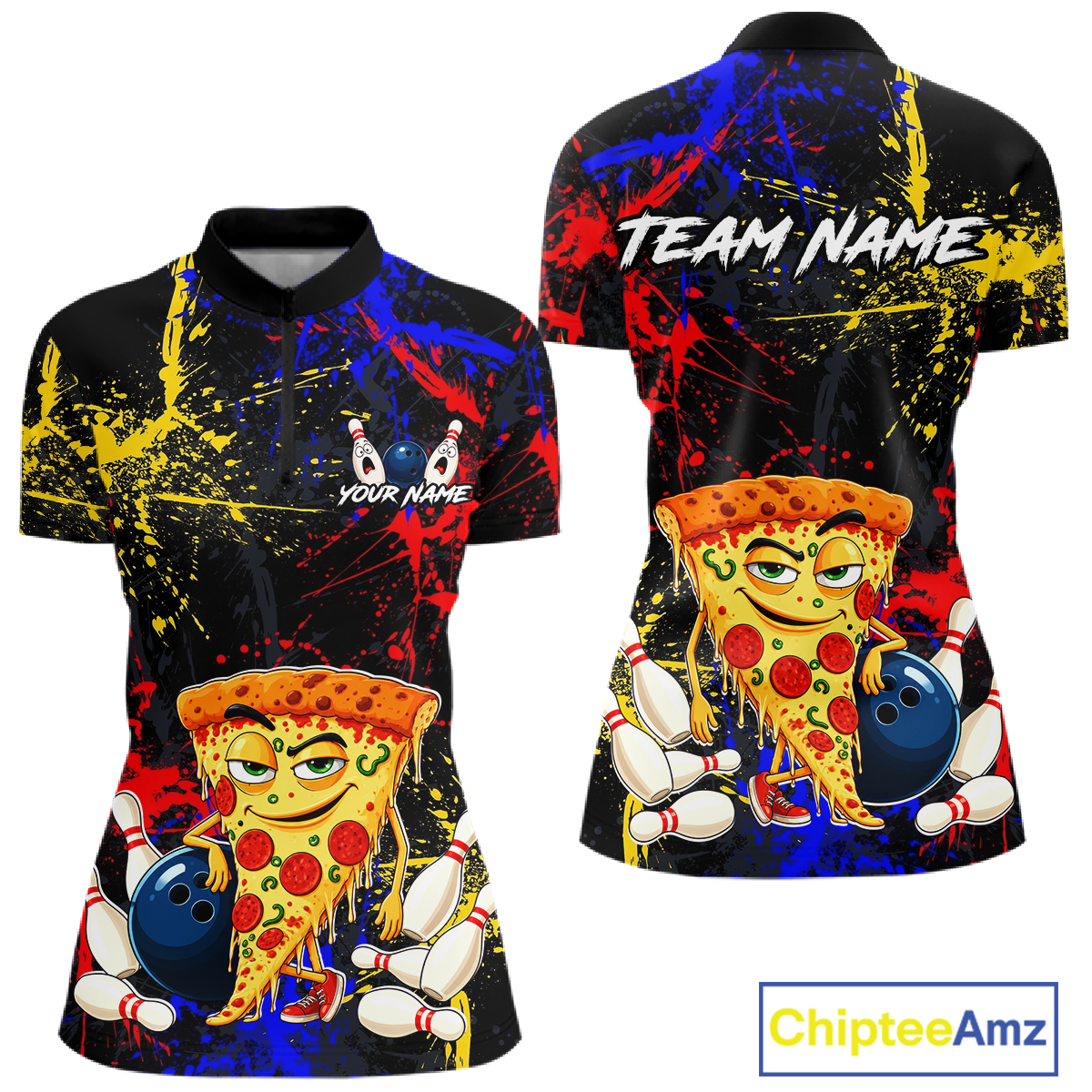 Front and back views of a black bowling quarter zip featuring colorful red, yellow, and blue paint splatter graphics, a cartoon pizza slice mascot, bowling pins, and custom team text.