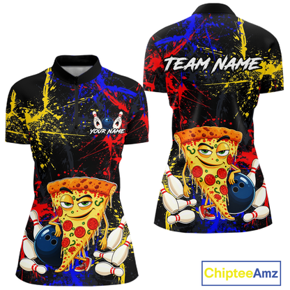 Front and back views of a black bowling quarter zip featuring colorful red, yellow, and blue paint splatter graphics, a cartoon pizza slice mascot, bowling pins, and custom team text.