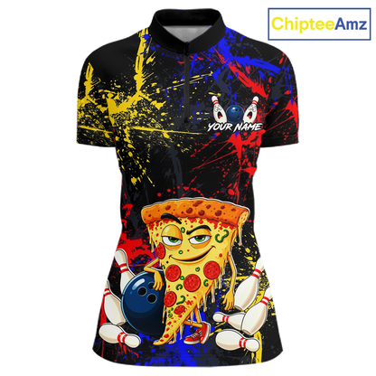 Front views of a black bowling quarter zip featuring colorful red, yellow, and blue paint splatter graphics, a cartoon pizza slice mascot, bowling pins, and custom your name text.